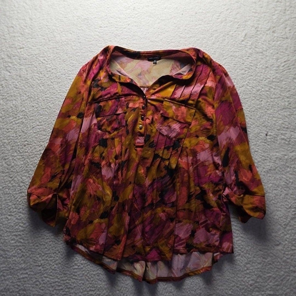 Ava & Grace Blouse Womens Plus 3X Multi Henley 3/4 Roll Tab Geometric Tunic Top
